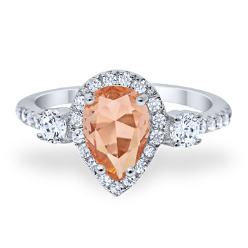 Three Stone Halo Teardrop Fashion Ring Pear Simulated Morganite CZ 925 Sterling Silver